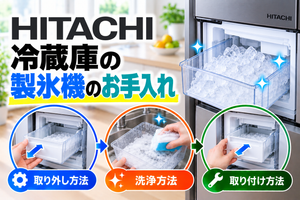 日立冷蔵庫の製氷機について、製氷ケースの取り外し、洗浄、取り付け方法を示したアイキャッチ画像