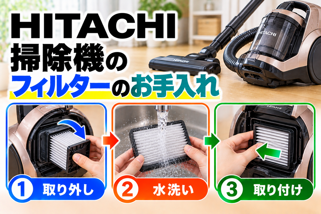 日立掃除機のフィルターについて、取り外し、水洗い、完全乾燥後の取り付け手順を示したアイキャッチ画像