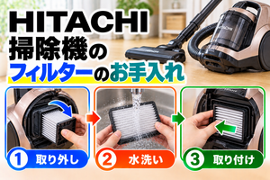 日立掃除機のフィルターについて、取り外し、水洗い、完全乾燥後の取り付け手順を示したアイキャッチ画像