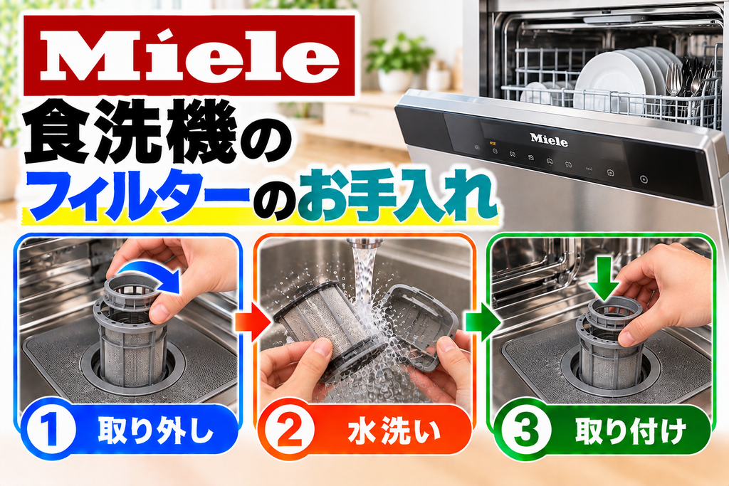 ミーレ食洗機の残さいフィルターについて、取り外し、水洗い、取り付け手順を示したアイキャッチ画像