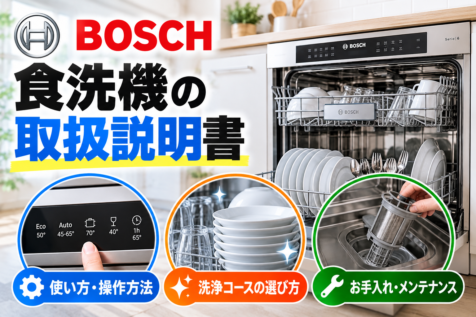 Bosch食洗機の取扱説明書について、操作方法、洗浄コースの選び方、フィルターのお手入れ方法を示したアイキャッチ画像