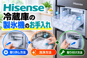 ハイセンス冷蔵庫の製氷機について、製氷ケースの取り外し、洗浄、取り付け方法を示したアイキャッチ画像