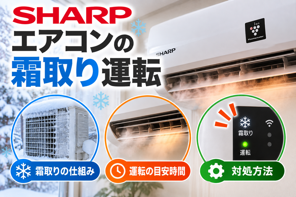 シャープエアコンの霜取り運転について、室外機の霜付き、運転中の温風停止や湯気、霜取り表示と対処方法を示したアイキャッチ画像