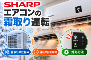 シャープエアコンの霜取り運転について、室外機の霜付き、運転中の温風停止や湯気、霜取り表示と対処方法を示したアイキャッチ画像
