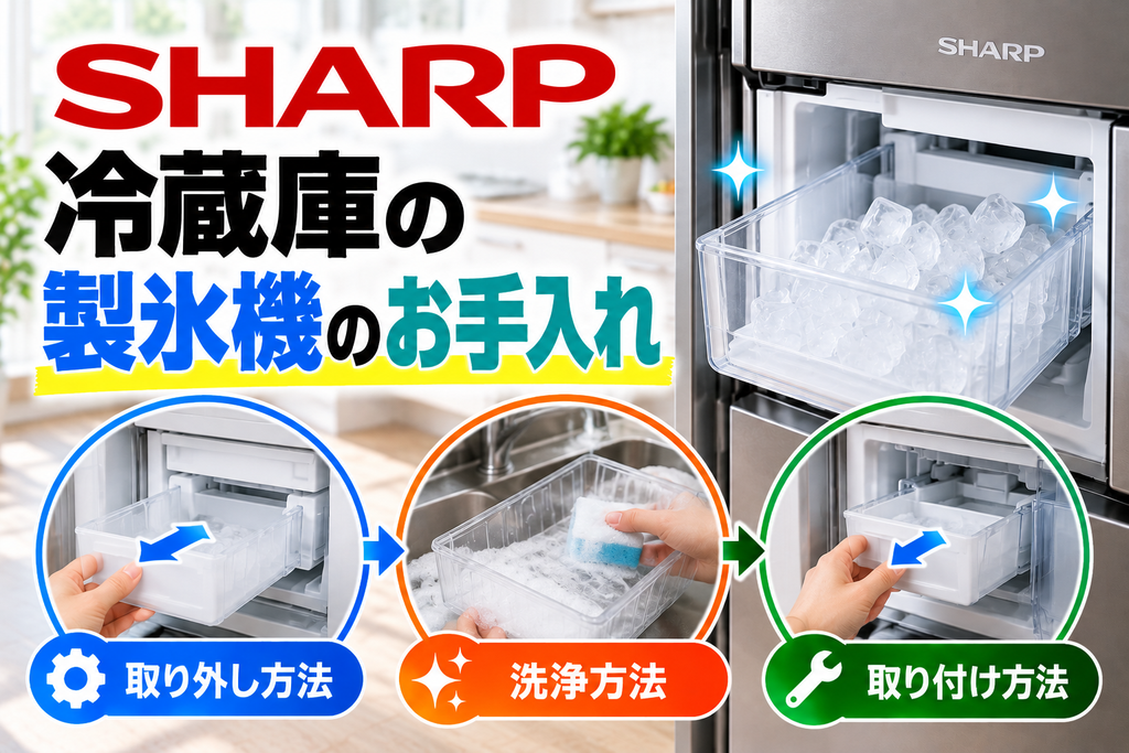 シャープ冷蔵庫の製氷機について、製氷ケースの取り外し、洗浄、取り付け方法を示したアイキャッチ画像