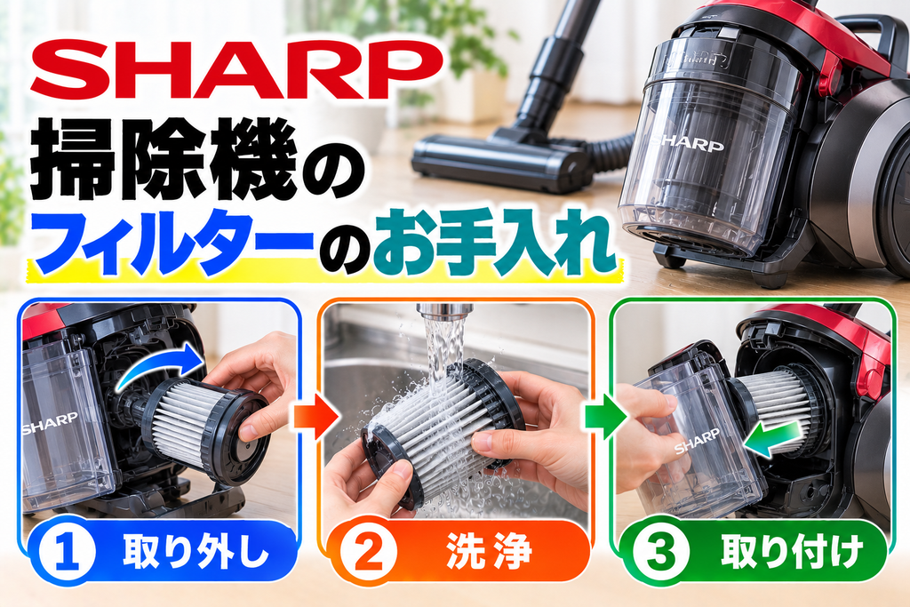 シャープ掃除機のフィルターについて、フィルターの取り外し、水洗い、乾燥後の取り付け手順を示したアイキャッチ画像