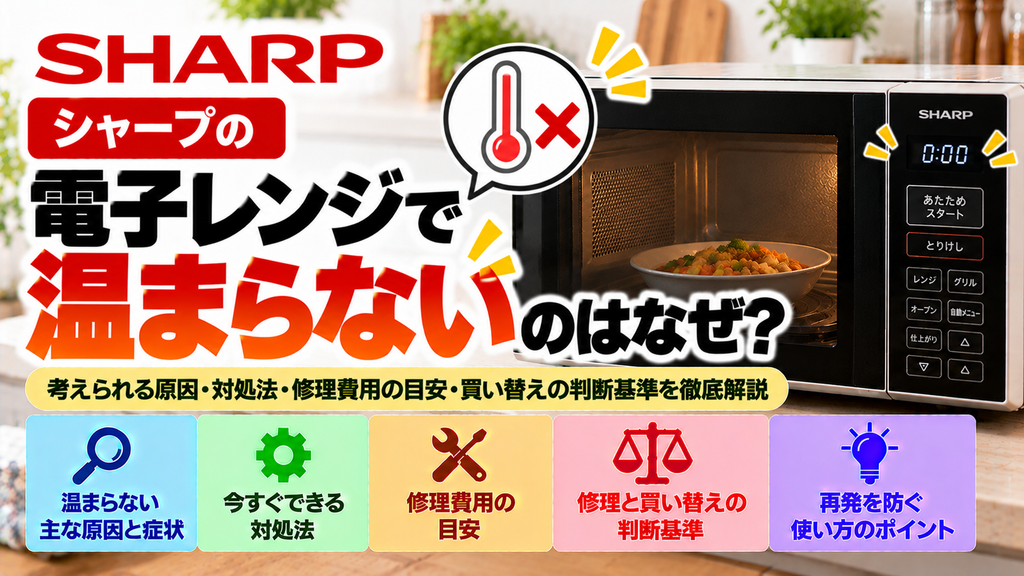シャープの電子レンジで食品が温まらない原因と対処法を解説。温まらない主な原因と症状、安全に確認できる項目、自分でできる対処法、修理費用の目安、修理と買い替えの判断基準、再発を防ぐためのポイントをまとめたトラブル解決ガイドのアイキャッチ画像