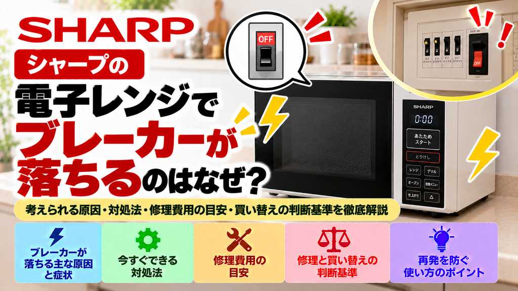 シャープの電子レンジを使用するとブレーカーが落ちる原因と対処法を解説。ブレーカーが落ちる主な原因と症状、安全に確認できる項目、使用を中止すべきケース、自分でできる対処法、修理費用の目安、修理と買い替えの判断基準、再発を防ぐためのポイントをまとめたトラブル解決ガイドのアイキャッチ画像