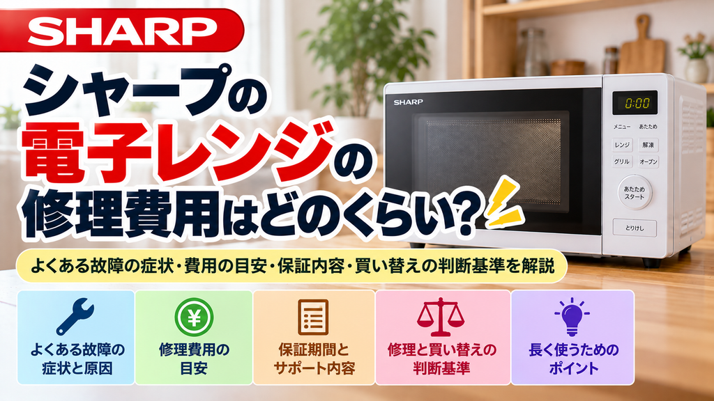 シャープの電子レンジの修理費用と故障時の対処法を解説。よくある故障の症状と原因、修理料金の目安、保証期間とメーカーサポートの確認方法、修理と買い替えの判断基準、長く安全に使うためのポイントをまとめた修理費用ガイドのアイキャッチ画像
