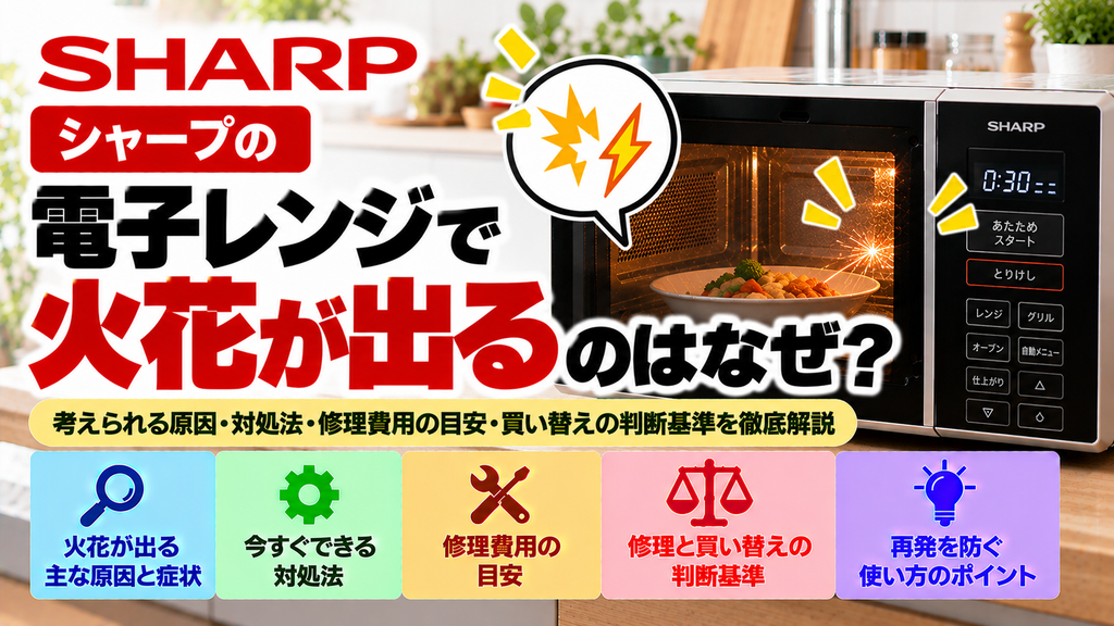 シャープの電子レンジから火花が出る原因と対処法を解説。火花が発生する主な原因と症状、安全に確認できる項目、使用を中止すべきケース、修理費用の目安、修理と買い替えの判断基準、再発を防ぐためのポイントをまとめたトラブル解決ガイドのアイキャッチ画像
