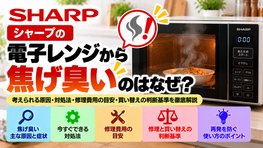 シャープの電子レンジから焦げ臭いにおいがする原因と対処法を解説。焦げ臭い主な原因と症状、安全に確認できる項目、使用を中止すべきケース、修理費用の目安、修理と買い替えの判断基準、再発を防ぐためのポイントをまとめたトラブル解決ガイドのアイキャッチ画像