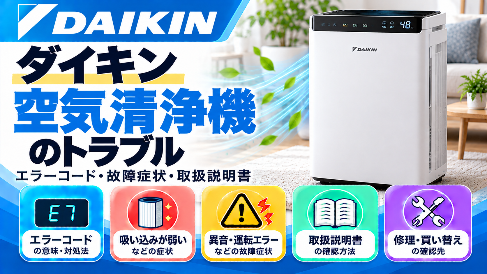 ダイキン空気清浄機のエラーコード、吸い込みが弱い・異音・運転エラーなどの故障症状、取扱説明書、修理・買い替えの確認先をまとめたメーカー別トラブルナビのアイキャッチ画像