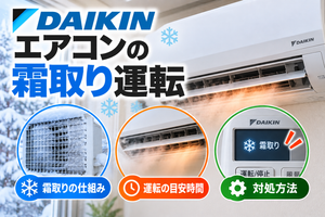ダイキンエアコンの霜取り運転について、室外機の霜付き、運転中の温風停止や湯気、霜取り表示と対処方法を示したアイキャッチ画像