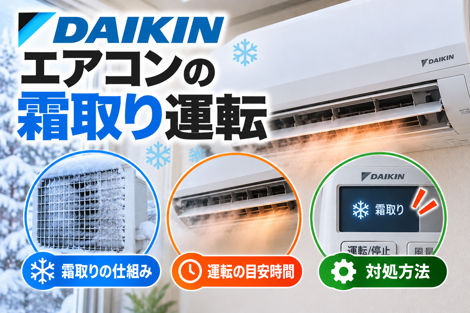 ダイキンエアコンの霜取り運転について、室外機の霜付き、運転中の温風停止や湯気、霜取り表示と対処方法を示したアイキャッチ画像