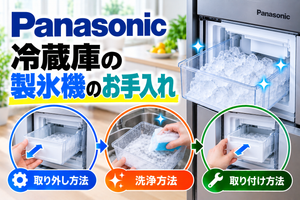 パナソニック冷蔵庫の製氷機について、製氷ケースの取り外し、洗浄、取り付け方法を示したアイキャッチ画像