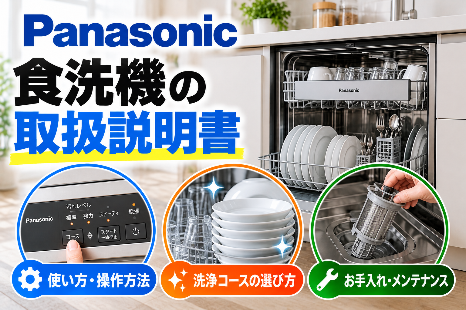 パナソニック食洗機の取扱説明書について、操作方法、洗浄コースの選び方、フィルターのお手入れ方法を示したアイキャッチ画像