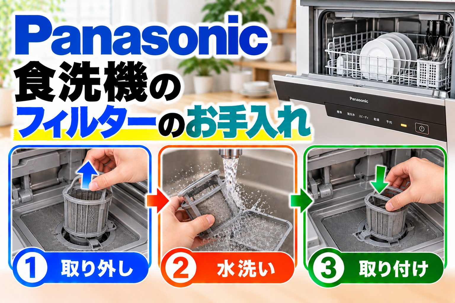 パナソニック食洗機の残さいフィルターについて、取り外し、水洗い、取り付け手順を示したアイキャッチ画像