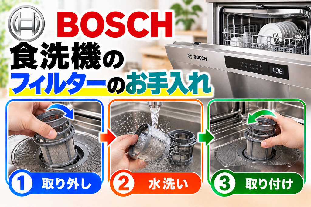 Bosch食洗機の残さいフィルターについて、取り外し、水洗い、取り付け手順を示したアイキャッチ画像