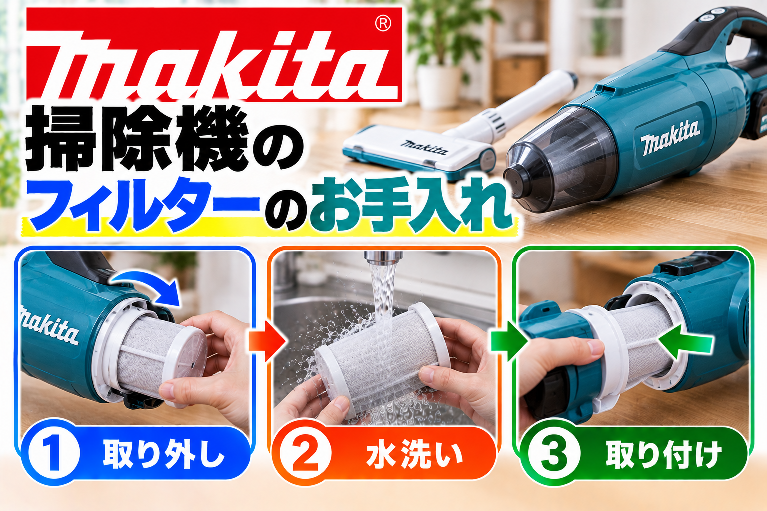 マキタ掃除機のフィルターについて、取り外し、水洗い、完全乾燥後の取り付け手順を示したアイキャッチ画像