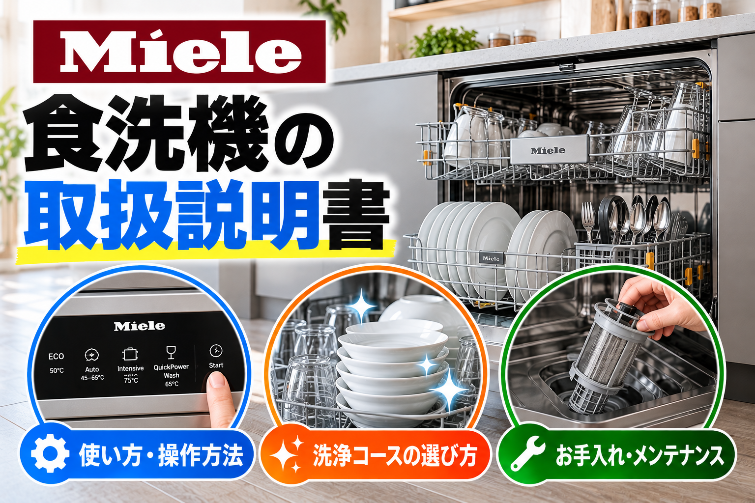 ミーレ食洗機の取扱説明書について、操作方法、洗浄コースの選び方、フィルターのお手入れ方法を示したアイキャッチ画像