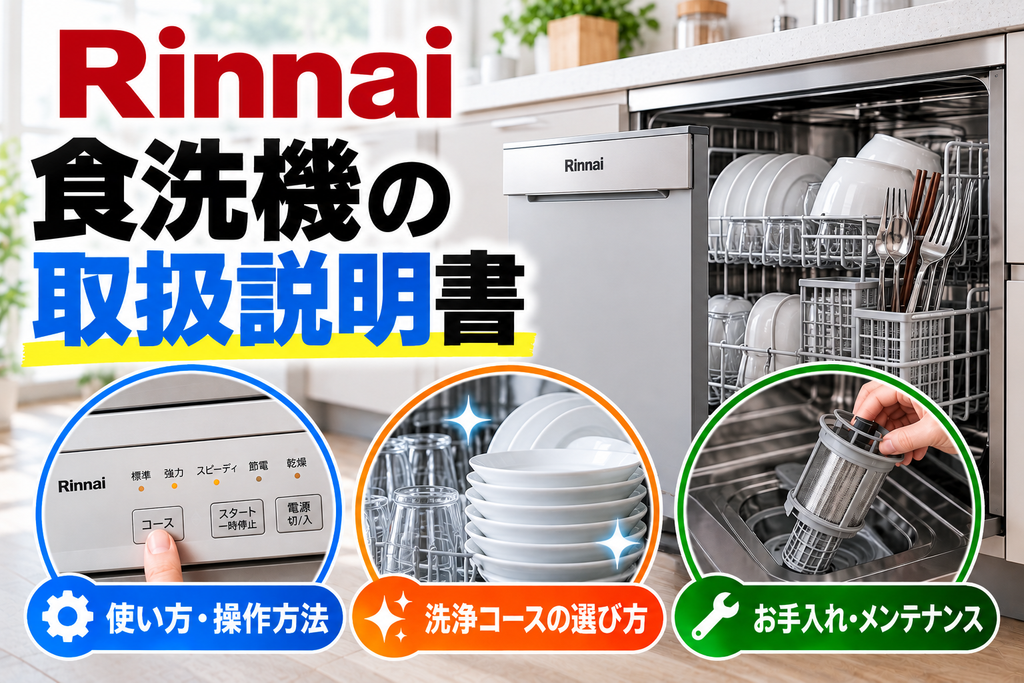 リンナイ食洗機の取扱説明書について、操作方法、洗浄コースの選び方、フィルターのお手入れ方法を示したアイキャッチ画像