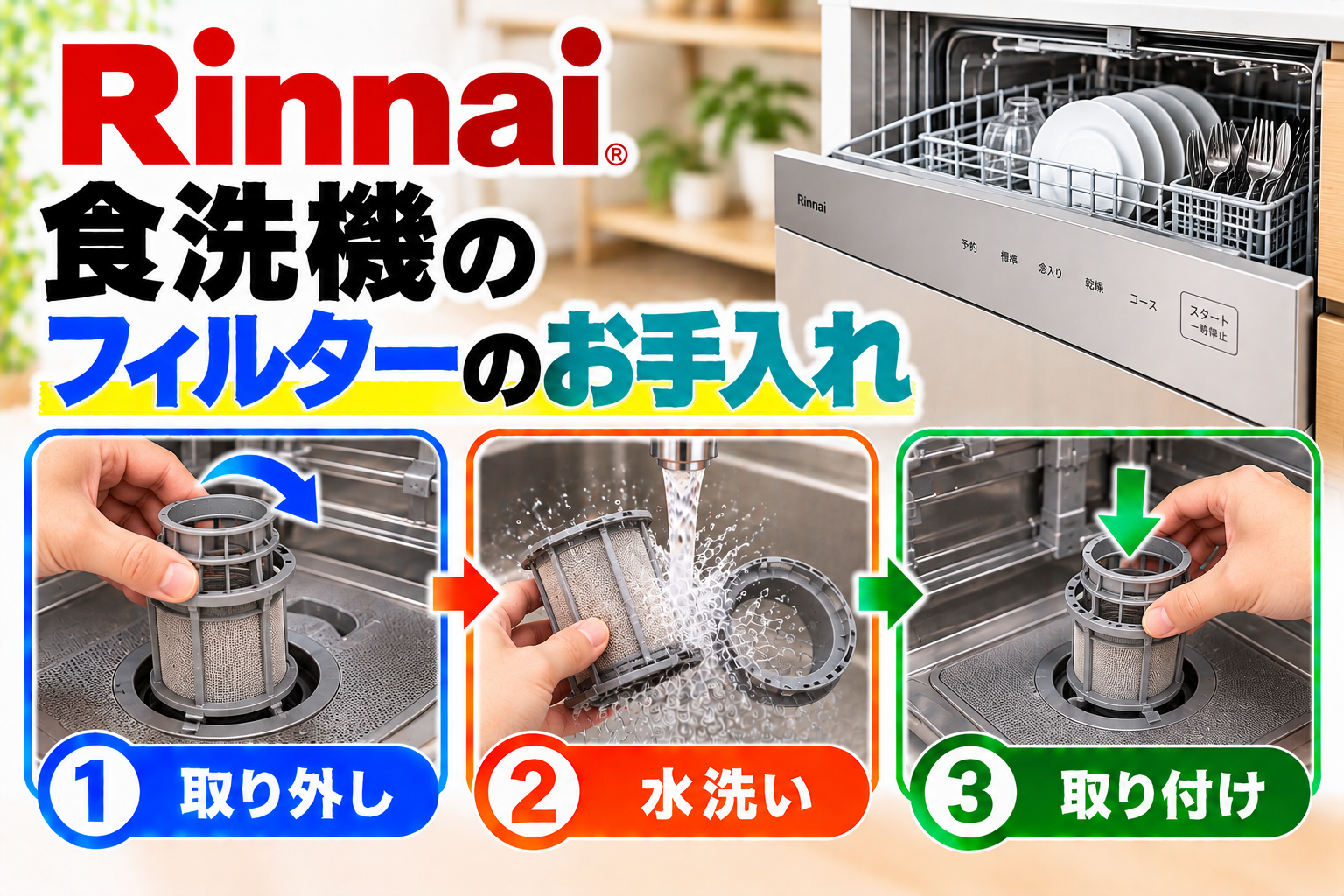 リンナイ食洗機の残さいフィルターについて、取り外し、水洗い、取り付け手順を示したアイキャッチ画像