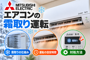 三菱電機エアコンの霜取り運転について、室外機の霜付き、運転中の温風停止、霜取り表示と対処方法を示したアイキャッチ画像