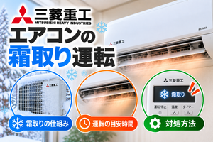三菱重工エアコンの霜取り運転について、室外機の霜付き、運転中の温風停止、霜取り表示と対処方法を示したアイキャッチ画像
