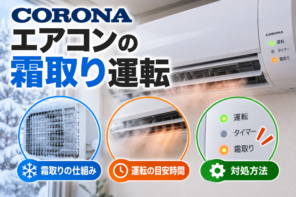 コロナエアコンの霜取り運転について、室外機の霜付き、運転中の温風停止や湯気、霜取り表示と対処方法を示したアイキャッチ画像