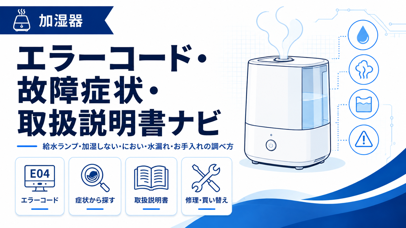 加湿器のエラーコード、故障症状、取扱説明書、修理・買い替えの確認先をまとめたトラブルナビのアイキャッチ画像