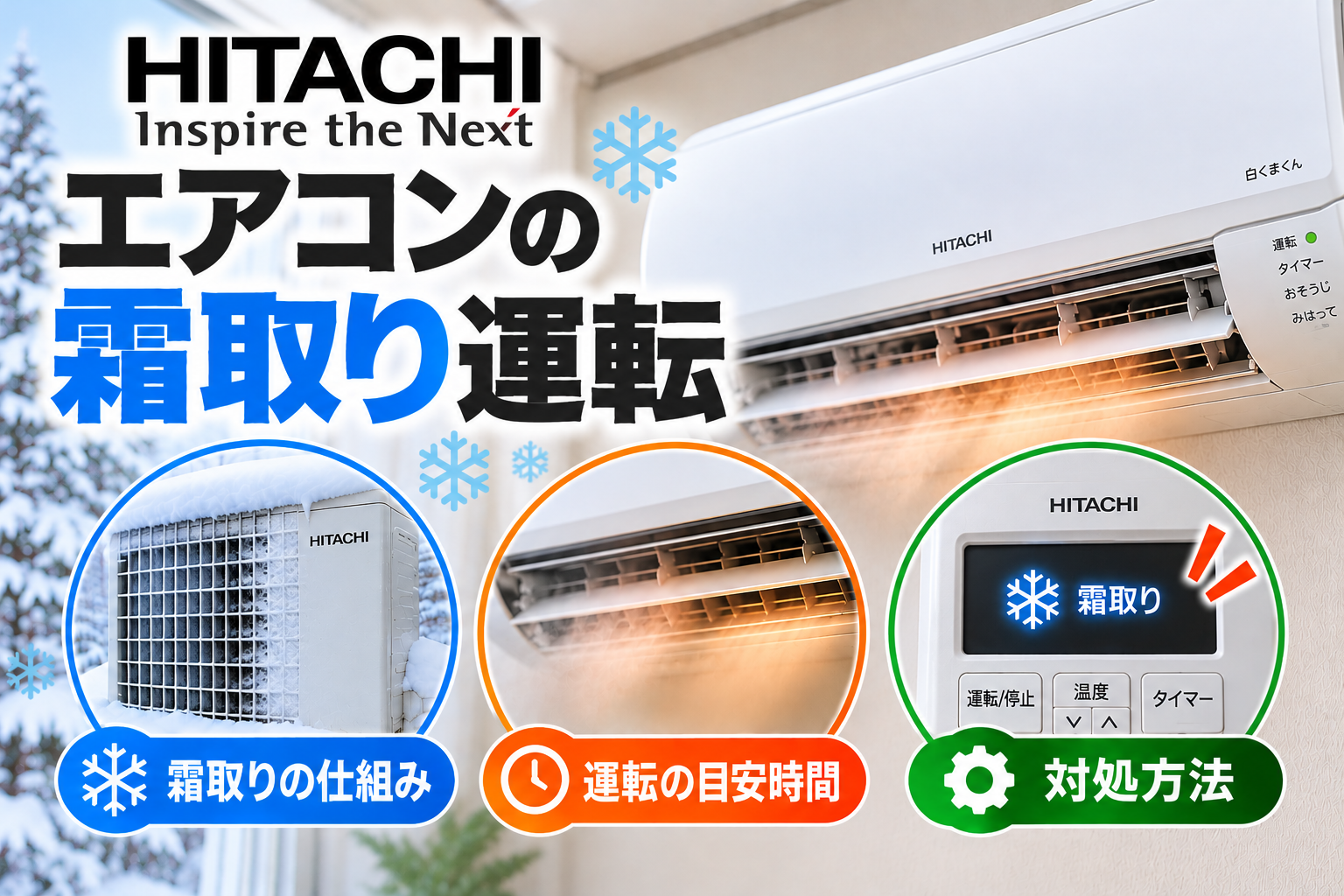 日立エアコンの霜取り運転について、室外機の霜付き、運転中の温風停止、霜取り表示と対処方法を示したアイキャッチ画像