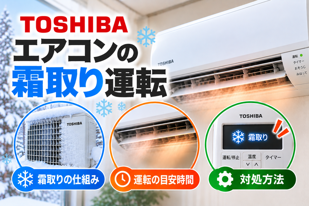 東芝エアコンの霜取り運転について、室外機の霜付き、暖房中の一時的な温風停止や冷気、霜取り表示と対処方法を示したアイキャッチ画像