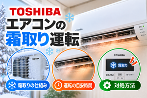 東芝エアコンの霜取り運転について、室外機の霜付き、暖房中の一時的な温風停止や冷気、霜取り表示と対処方法を示したアイキャッチ画像