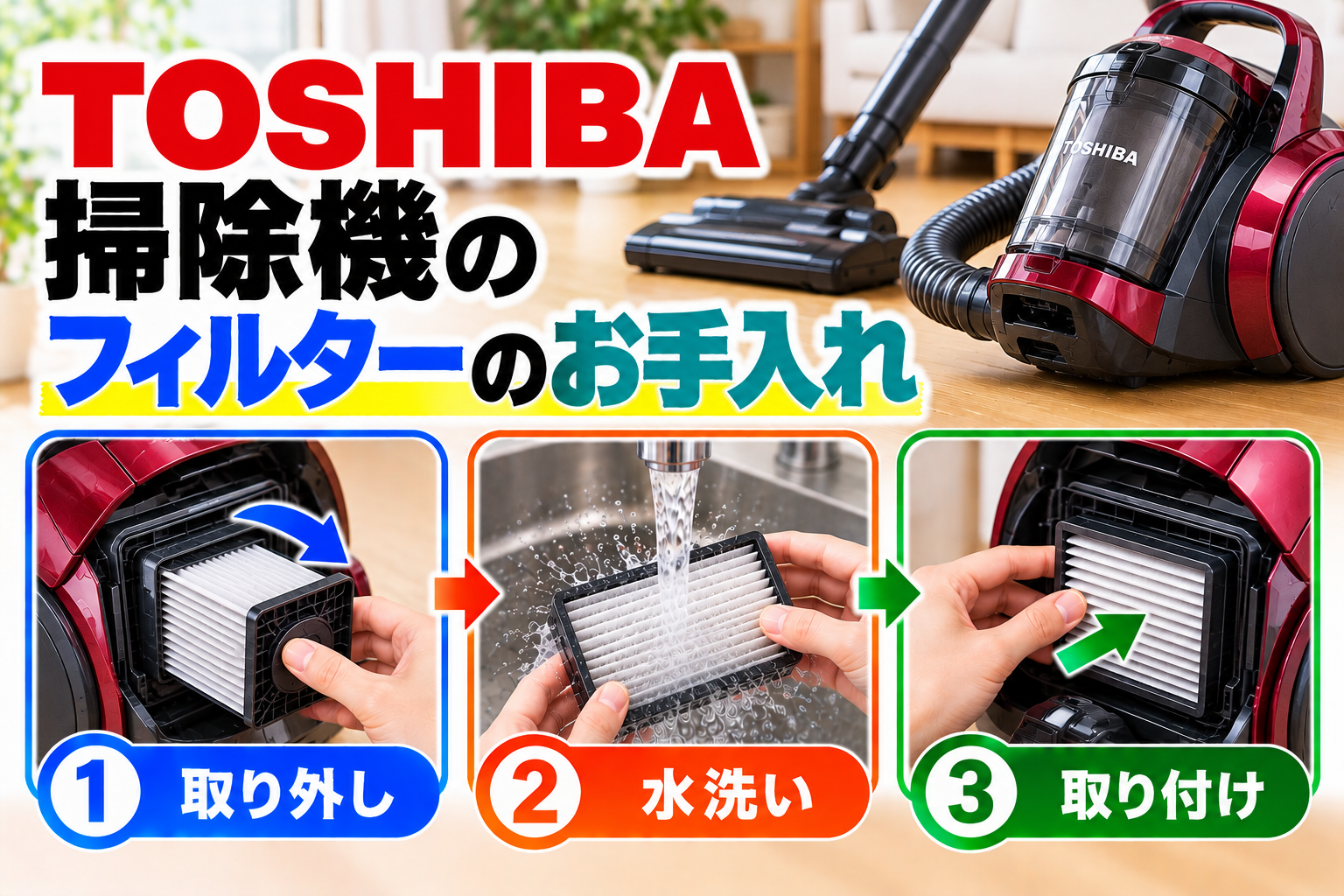 東芝掃除機のフィルターについて、取り外し、水洗い、完全乾燥後の取り付け手順を示したアイキャッチ画像