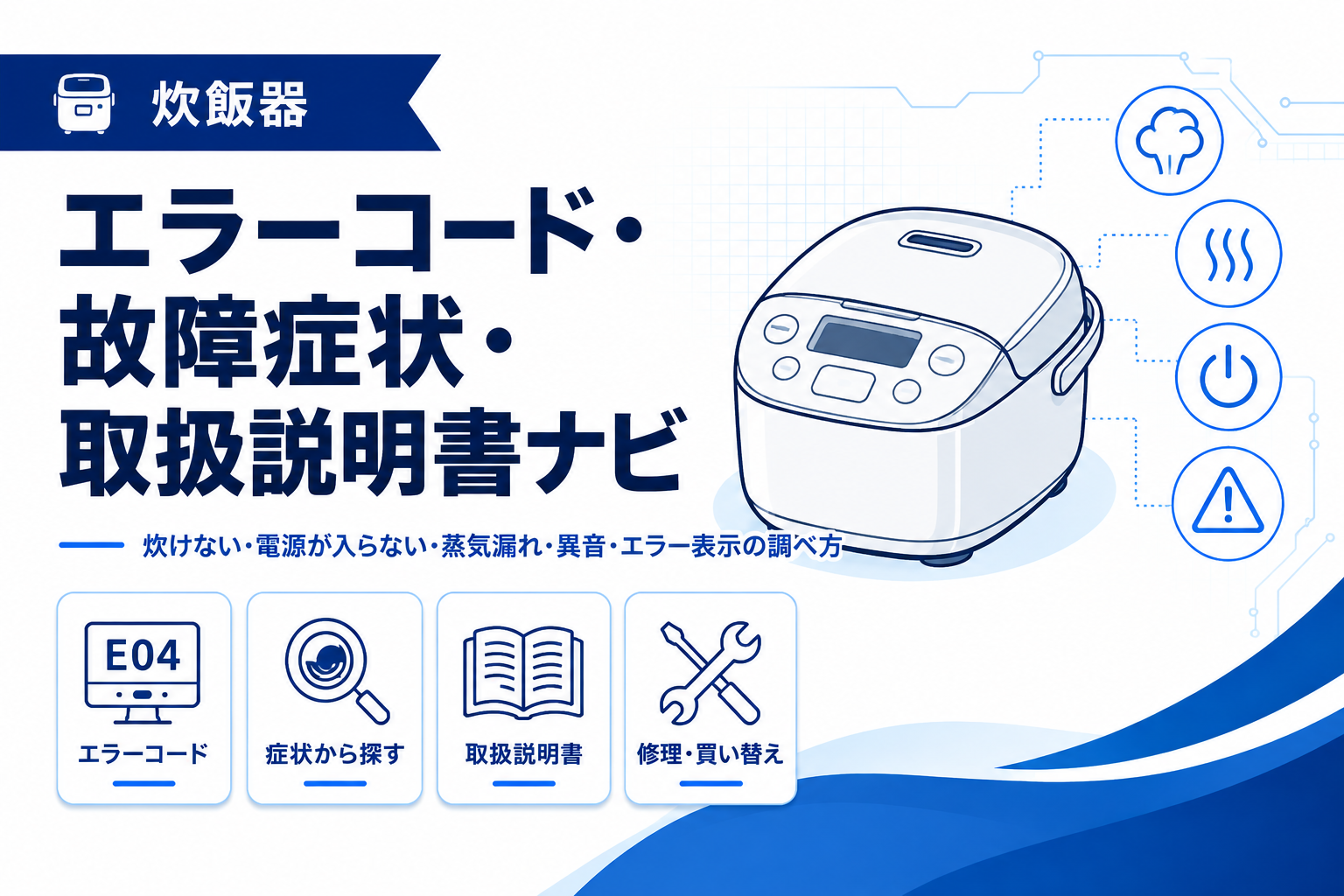 炊飯器のエラーコード、故障症状、取扱説明書、修理・買い替えの確認先をまとめたトラブルナビのアイキャッチ画像