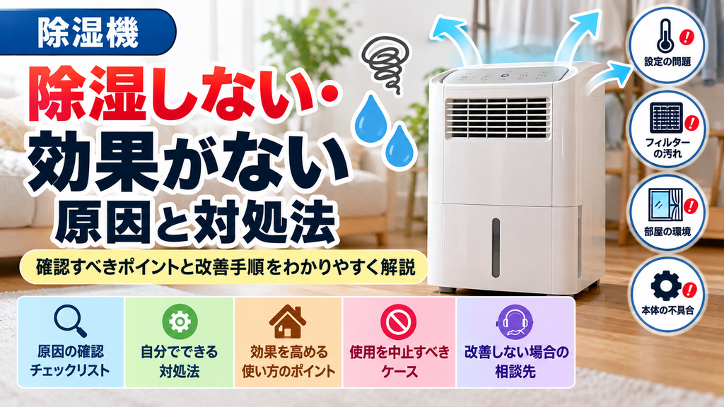 除湿機から水漏れする原因と対処法を解説。排水タンクの不具合、排水ホースの接続状態、本体・排水口の異常、フィルターの汚れなどの確認箇所と手順、使用を中止すべきケース、改善しない場合の修理相談先をまとめたトラブル解決ガイドのアイキャッチ画像