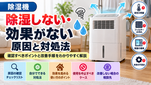 除湿機から水漏れする原因と対処法を解説。排水タンクの不具合、排水ホースの接続状態、本体・排水口の異常、フィルターの汚れなどの確認箇所と手順、使用を中止すべきケース、改善しない場合の修理相談先をまとめたトラブル解決ガイドのアイキャッチ画像