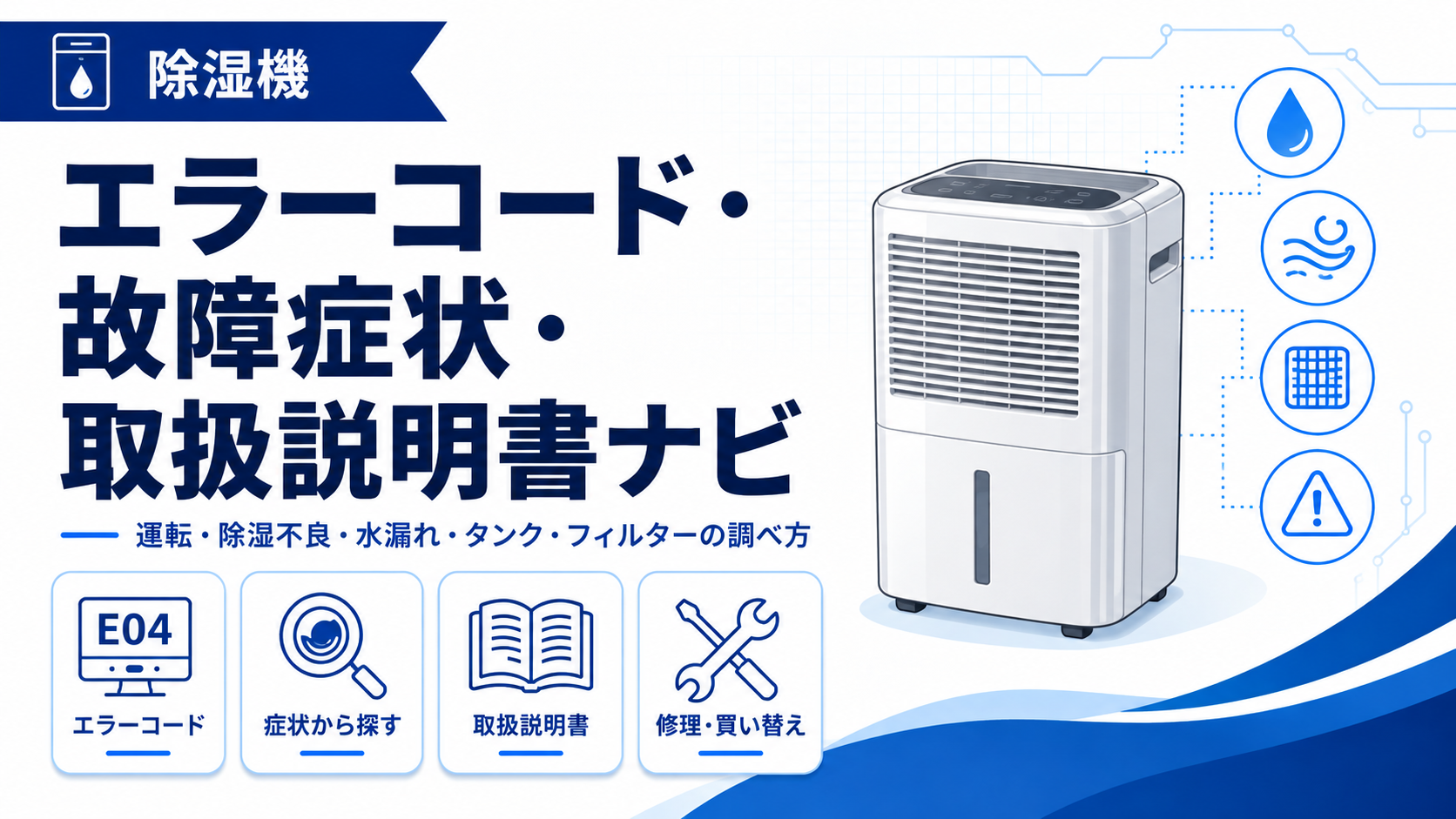 除湿機のエラーコード、故障症状、取扱説明書、修理・買い替えの確認先をまとめたトラブルナビのアイキャッチ画像
