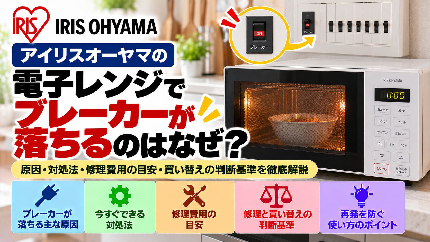 アイリスオーヤマの電子レンジを使用するとブレーカーが落ちる原因と対処法を解説。ブレーカーが落ちる主な原因、安全に確認できる項目、自分でできる対処法、使用を中止すべきケース、修理費用の目安、修理と買い替えの判断基準、再発を防ぐためのポイントをまとめたトラブル解決ガイドのアイキャッチ画像