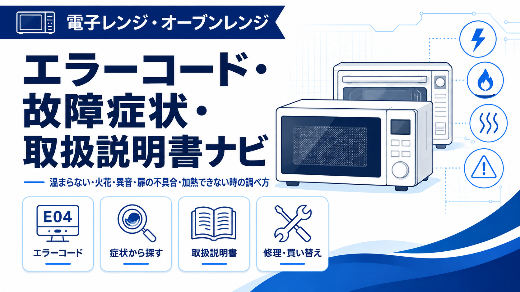 電子レンジ・オーブンレンジのエラー表示、温まらない症状、火花・異音、取扱説明書の確認方法をまとめたトラブルナビのアイキャッチ画像